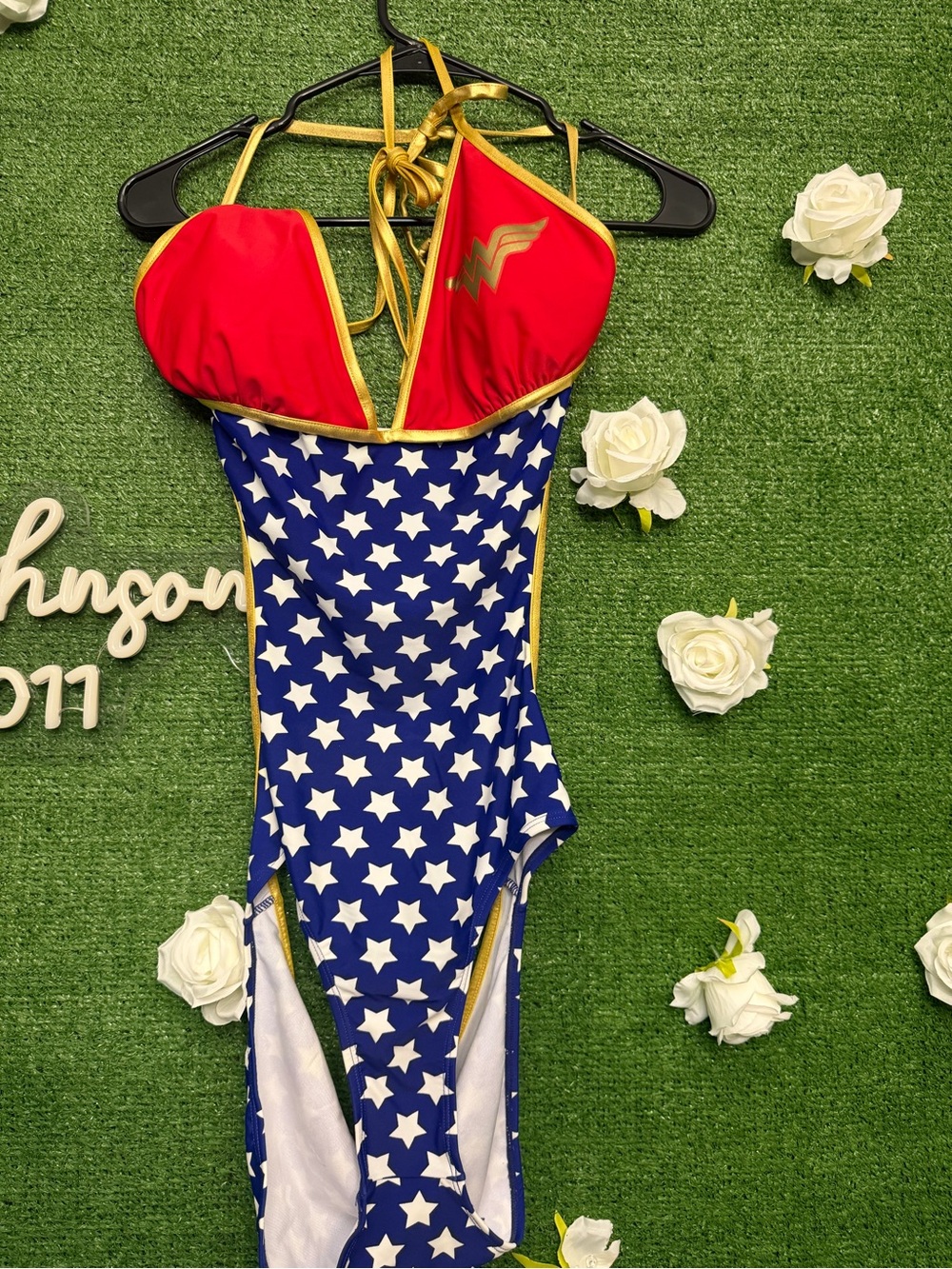 Wonder Woman women’s Red & Blue Star One-Piece Swimsuit - Picture 2 of 9
